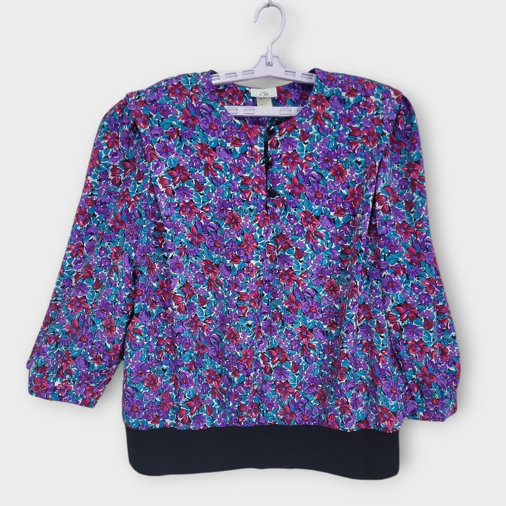 Vintage Blouse CB New York Womens 20 80s 90s Blouson Popover Floral Made in USA